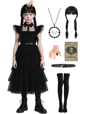 Niñas Vestido Negro Disfraz Halloween con Peluca, Collar Accesorios para Niños Foto 1 de 4