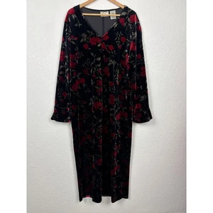 VTG Kathie Lee Collection Womens Floral Velvet Midi Dress SZ XL Black Whimsygoth - Picture 1 of 8