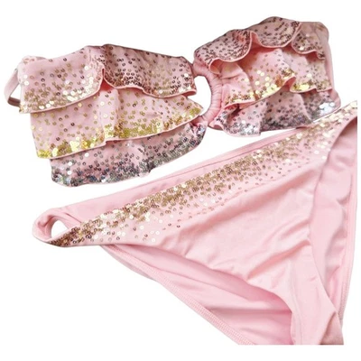 Conjunto de bikini rosa lentejuelas completas etiqueta dorada vintage '11 Victoria's Secret VS M Foto 1 de 4