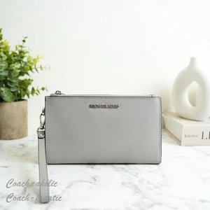 Michael Kors Jet Set Viaje Grande Doble Cremallera Billetera Muñequera Teléfono Gris Plata - Imagen 1 de 10