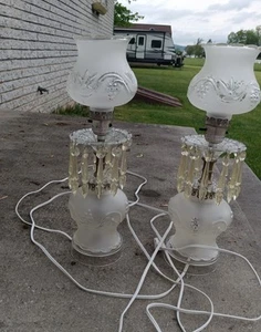 Pair Vintage Crystal Glass Boudoir Lamps Prisms Etched Glass Globes Buffet 14.5" - Picture 1 of 9