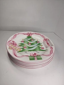 5Vintage Sango Home For Christmas Tree Pink Ribbon Dinner Plates Hearts 10.5" - Picture 1 of 6