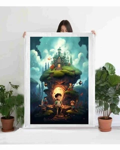 Fantasy Boy reading Floating Castle Fleece Blanket Art Poster Childrens Art - Picture 1 of 1