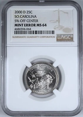2000 D 25c off Center South Carolina Quarter Mint Error nice coin NGC MS64  - Image 1 of 3