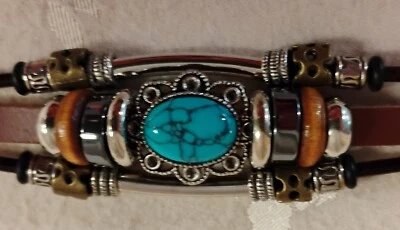 NUEVO CON ETIQUETAS Brazalete Brazalete-Turquesa, Cuentas e Imitación Cuero en Acero Inoxidable-Muñeca 7" Foto 1 de 4