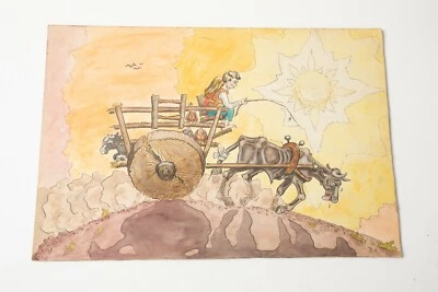 Pintura de dibujo artístico original (R4R) pareja de dibujos animados en carro/carro de granja animación Foto 1 de 4