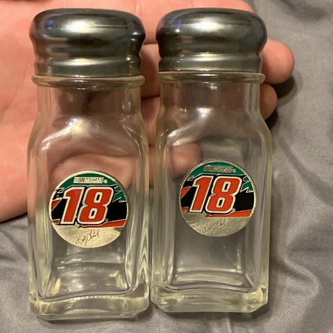 Vintage NEW Salt And Pepper Shakers Bobby Labonte #18 NASCAR Glass And Steel Cover