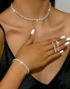 Tennis Halskette Ohrringe Braut Hochzeit Abschlussball Erwachsene Armband 3 Stück Set - Bild 1 von 3