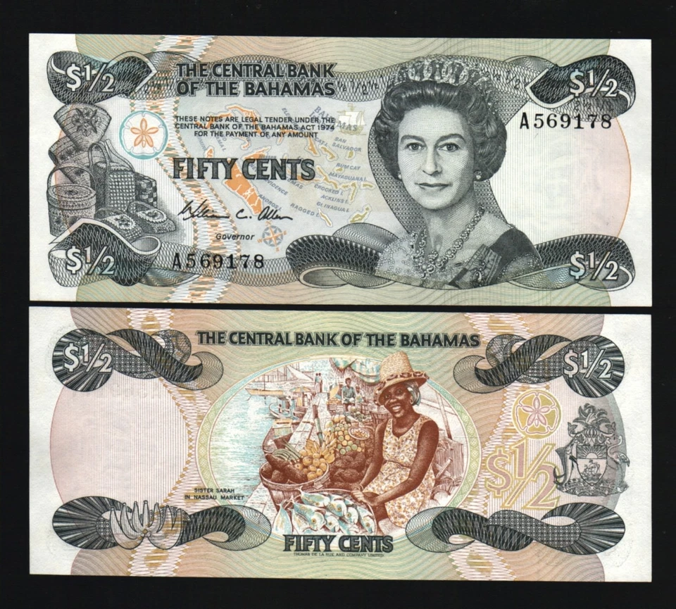 BAHAMAS 1/2 Dollar P-42 1984 QUEEN Z *Replacement Rare PREFIX UNC Money BANKNOTE - Image 1 of 2