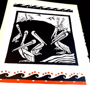Pelikan Grafik mit Wellen Vintage skurrile Buchillustration - Bild 1 von 9
