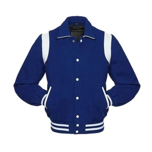 Chaqueta Universitaria Letterman Azul Lana y Cuero Tiras Estilo Retro Béisbol Colegio - Imagen 1 de 3