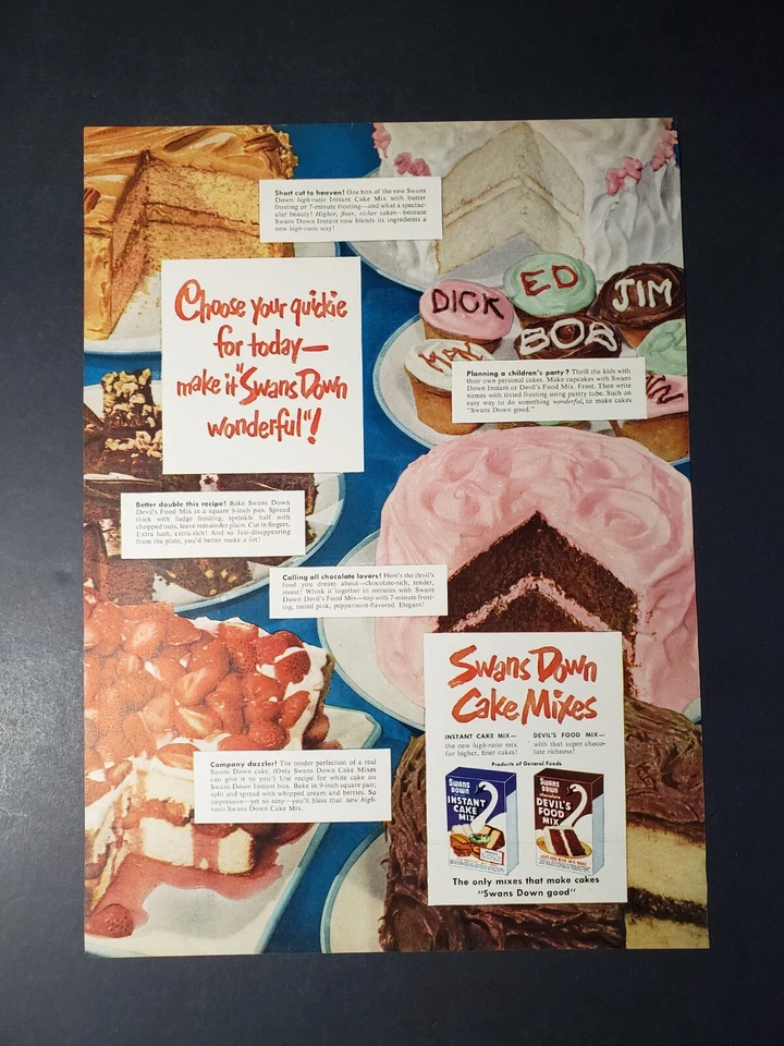 PRINT AD 1951 Swans Down Cake Mixes Choose Your Quickie Devils Food - Image 1 of 1