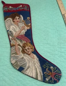 Vintage Needlepoint Christmas Stocking Angel Playing Harp - Picture 1 of 11