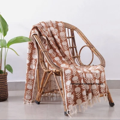 100% Cotton Rust Hand Block Print Large Sofa Bed Throw Rug Blanket 127 x 182 Cm - Image 1 of 4
