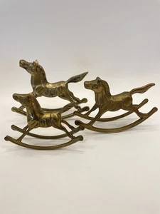 Set of 3 Vintage Solid Brass Rocking Horses - 7 inch, 7 inch and 6 inch - Picture 1 of 12