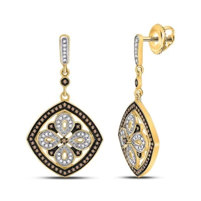 0.50ctw Chocolate Diamond Square Dangle Drop Stud Earrings 14k Gold Screw Back - Image 1 of 2