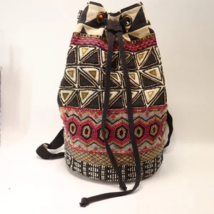 Lovestitch Boho Bucket Handbag L Multicolor Beaded Drawstring Backpack Bag Lined - Picture 1 of 14