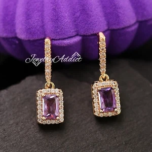 9K ROSE GOLD GF Princess PURPLE AMETHYST BAR DROP DANGLE LADY GIFT HOOP EARRINGS - Picture 1 of 5