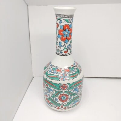 Винтажная греческая фарфоровая графиновая ваза Metaxa ручной работы 10 дюймов оранжевый бирюзовый цвет ЧИТАЙТЕ - Изображение 1 из 4