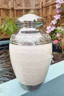 Brass Adult Cremation / Memorial Urn for Ashes -  White & Silver - Image 1 of 2