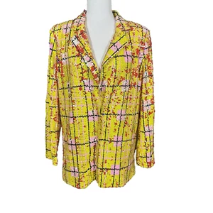 Nasty Gal Sequin Blazer Size 8 Yellow Check Jacket Notched Lapel Relaxed Fit - Picture 1 of 11