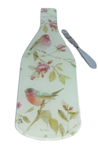 Beatiful Romance Bird Wine Bottle Shaped Glass Cheese Board w/ Spreader Knife - Picture 1 of 1