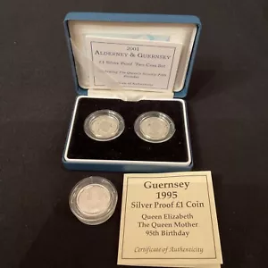 2001 Alderney & Guernsey Silber 1 One Pound Coin Set Queen's 75th & 1995 Coin. - Bild 1 von 8