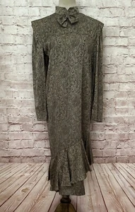 Abito Louis Feraud US 6 seta VINTAGE W. GERMANY cambio nero bronzo stampa volant - Foto 1 di 7