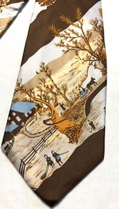 Vintage OLEG CASSINI Country Farm scene tie necktie 4" x 58" Harvest Autumn Fall - Picture 1 of 3