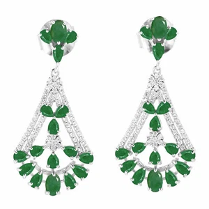 Meher's Jewelry SS 1.75" 9.50ct Emerald & White Zircon Gemstone Fan Drop Earring - Picture 1 of 2