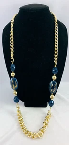 Vintage Navy Blue Gold Painted Acrylic Gold Tone Chain Long Necklace Japan - Picture 1 of 7