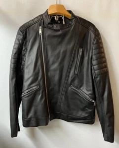 H&M Unisex Large Black Jacket Zipper Vegan Leather Coat - Picture 1 of 9