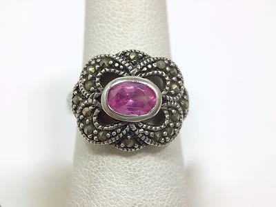 Anel retrô Deco novo design topázio rosa marcasita hematita prata esterlina 7 - Imagem 1 de 4
