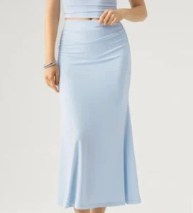 OGL MOVE Women's Sea Glass Blue Eco-SkinKiss Ruched Mermaid Midi Skirt Size M - Picture 1 of 9