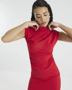 River Island Womens Top Red Short Sleeve Drape Detail High Neck Blouse - Picture 1 of 11