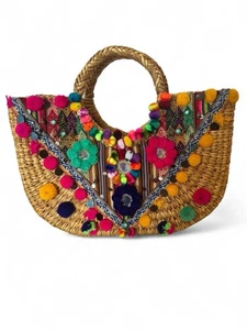 PITUSA Boho Embellished Straw Basket Tote Bag Pom Pom Woven Artisan Beach Bag - Picture 1 of 6