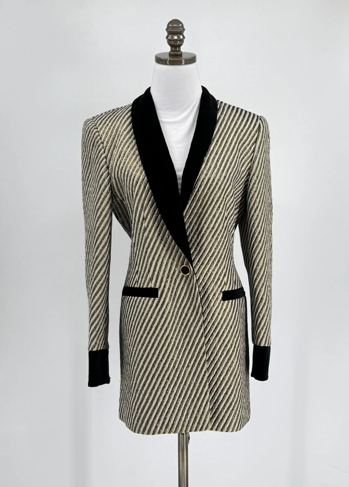 Chaqueta Blazer Escada Vintage Dorado Plata Rayas Metálico Terciopelo Ribete Talla 36 EE. UU. 6 Foto 1 de 4