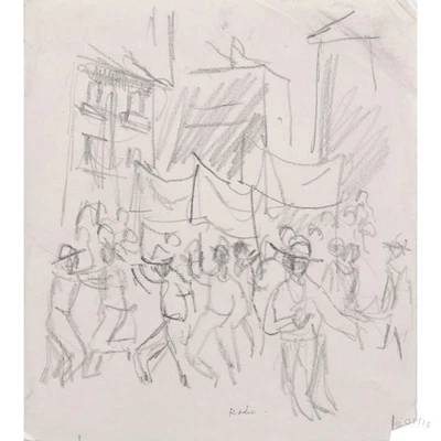 KARL RÖDEL GRAPHITZEICHNUNG STADT HÄUSER DEMONSTRATION UNIKAT SIGNIERT VP: 500€* - Bild 1 von 4