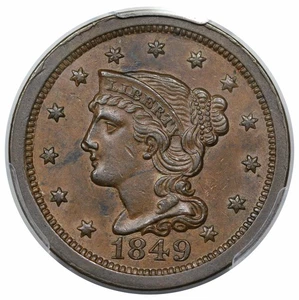 Centavo grande cabello trenzado 1849, escaso N-1, R4, graduación profesional AU58 - Imagen 1 de 4
