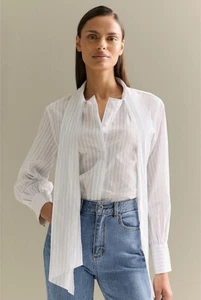 New TRENERY sz 12 blue stripe cotton shirt long sleeves tie neck RRP $149 - Picture 1 of 16