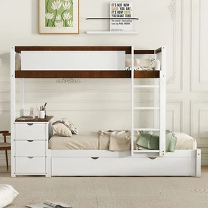 Twin-Over-Twin Bunk Bed with Twin Trundle Storage and Desk White& Walnut WQ-261 - Picture 1 of 9