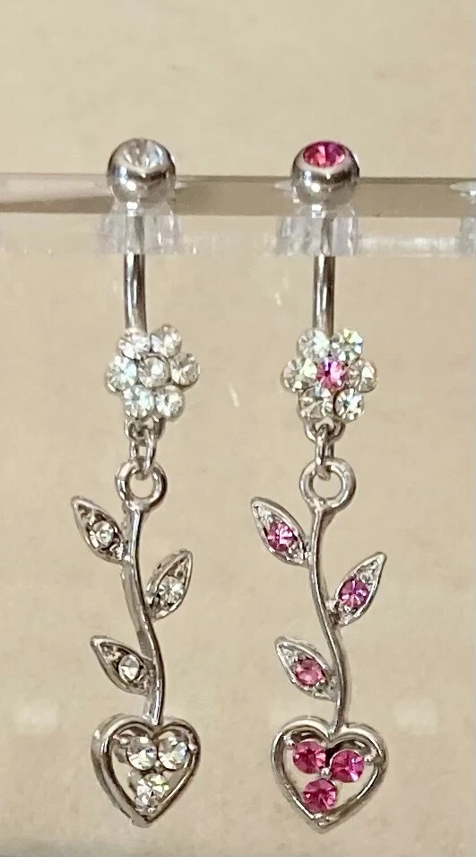 SPARKLY White Flower Heart Leaves Dangle Belly Ring - select color - Image 1 of 1