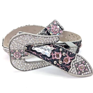 BHW Womens Rhinestone Pink Silver Bling Cowgirl Western Buckle Belt South Rodeo - Picture 1 of 16