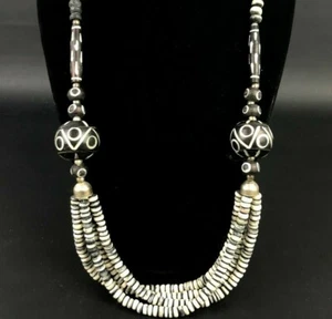 VTG Hand Carved Beaded Necklace Art to Wear Black White Graphic Statement Piece  - Picture 1 of 7
