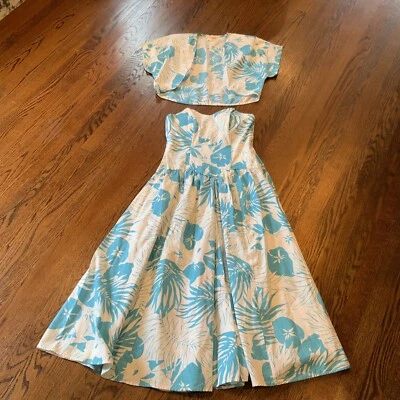 VTG 80s Boned Sleeveless Dress Tropical Teal Floral W Cropped Jacket Sz 11 - Image 1 of 4