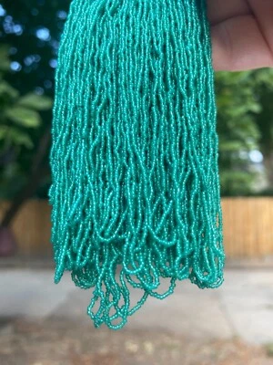 OLD RARE 39 bpi Antique Micro Seed Beads-20/0 Juicy Translucent Blue Green Hanks - Image 1 of 4