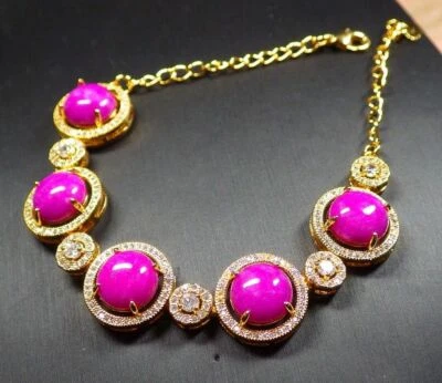 Brazalete Brazalete Genuino Lavanda Rojo Jade Cabujón Circonita Cúbica Flor 18KGP Foto 1 de 4