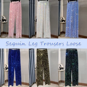 Women Sequin Velvet Pants Loose Elastic Waist Wide Leg Trousers Straight Pants - Picture 1 of 21