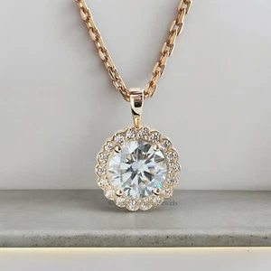 Round Cut Pendant Necklace with Moissanite Stones Yellow Gold Halo Pendant FD189 - Picture 1 of 10