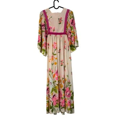 VTG Gillies Gilead 70s Pink Floral Ribbon Tie Midi Dress Retro Womens Medium - Image 1 of 4
